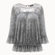 women autumn elegant lace shoulder blouse snow washed graphite gray rayon crinkle fashion top with ruffled cuff and flare bottom